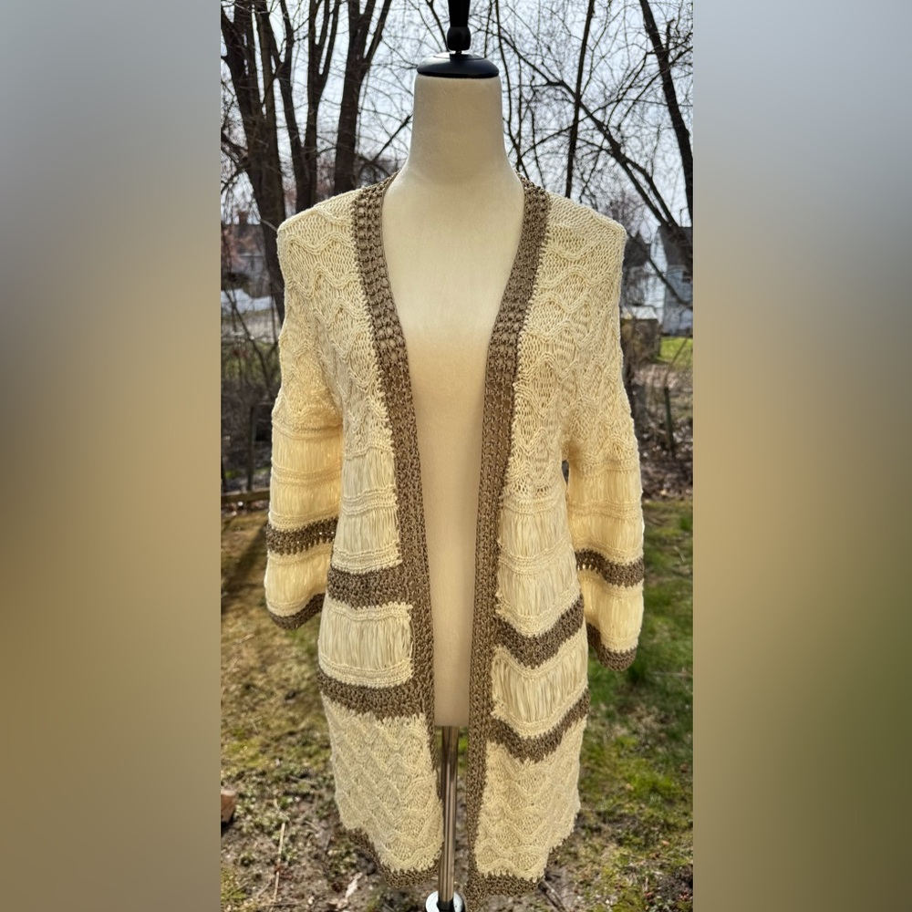 CHICOS Multi Weaved Lightweight Cardigan Sweater Ivory & Beige Size 1